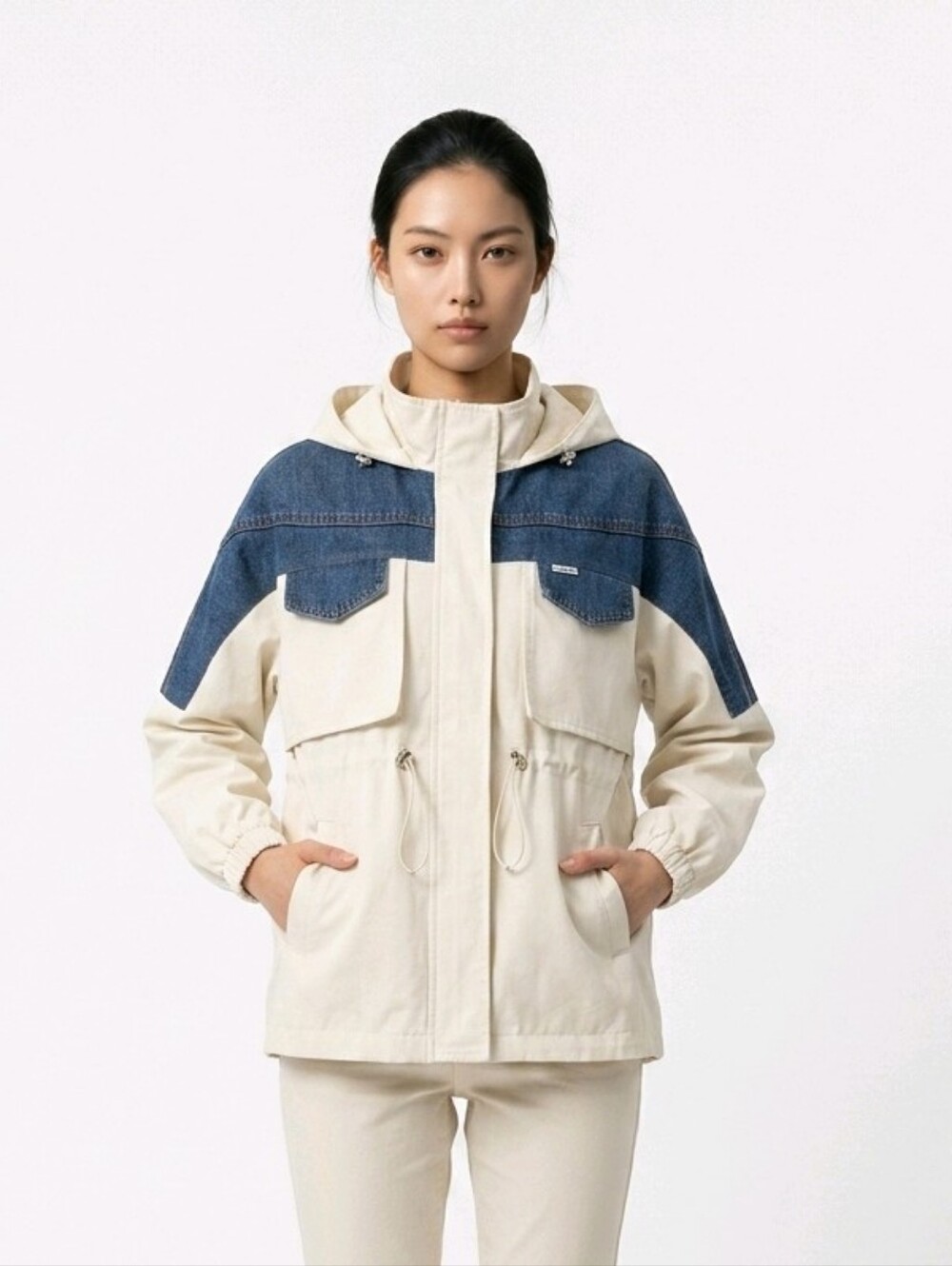 Women’s Two-Tone Hooded Anorak Jacket - Cream & Denim